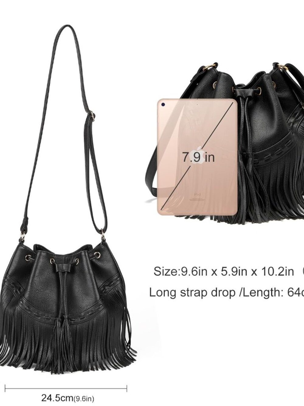 Leather Bucket Bags for Women Crossbody Fringe Purses with Drawstring Ladies Tas - Picture 4 of 8